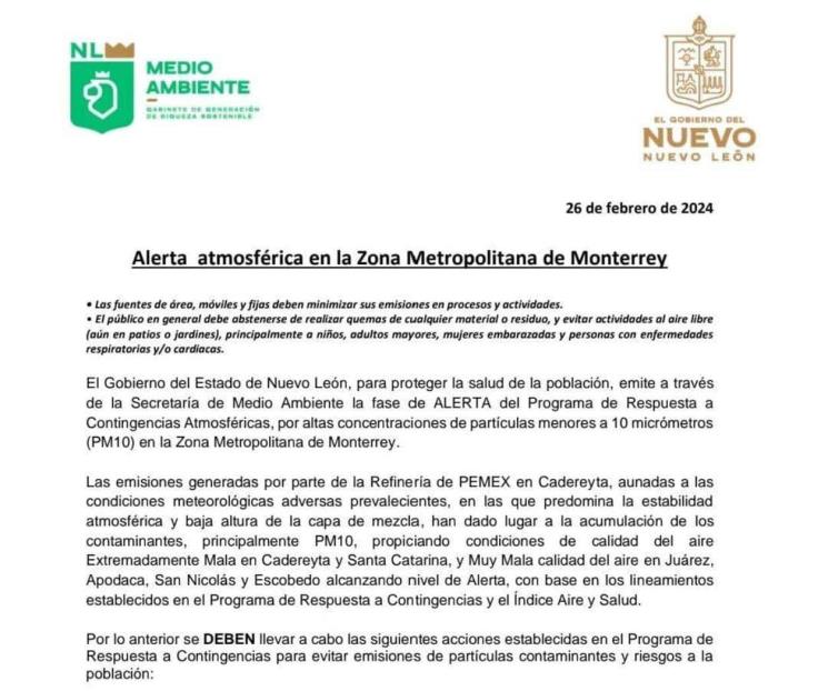 Activa NL alerta por Mala Calidad del Aire Activa NL alerta por Mala Calidad del Aire