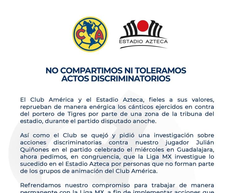 Condena el América grito homofóbico hacia Nahuel Guzmán de Tigres