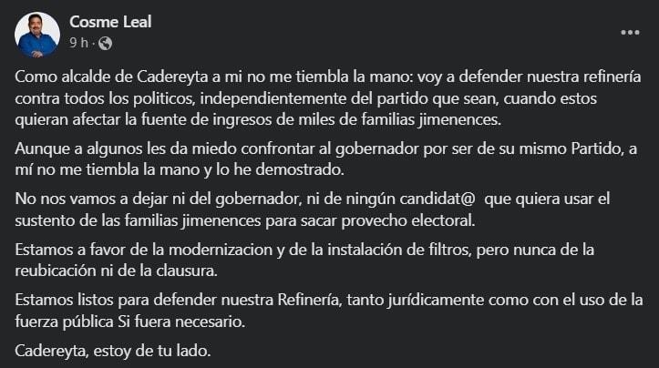 Defiende alcalde de Cadereyta a la Refinería