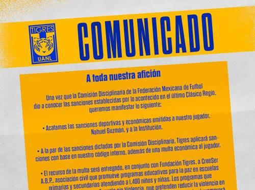 Acata Tigres sanción a Nahuel; lo ayudarán en tema psicológico Acata Tigres sanción a Nahuel; lo ayudarán en tema psicológico