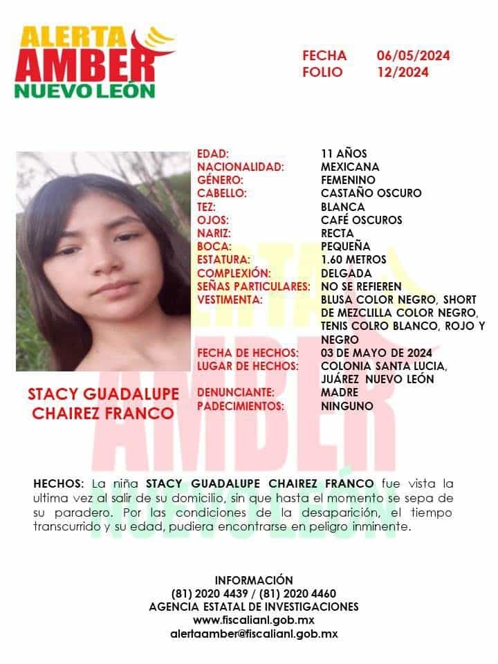 Luego de la desaparición de una niña de 11 años de edad en Juárez, la Fiscalía General activó una alerta Amber.