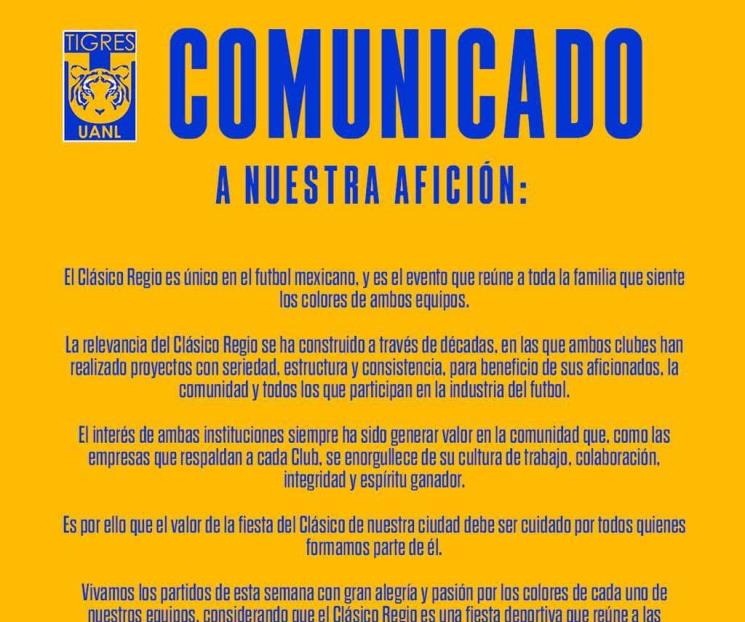 Piden Rayados y Tigres clásicos regios en paz Piden Rayados y Tigres clásicos regios en paz