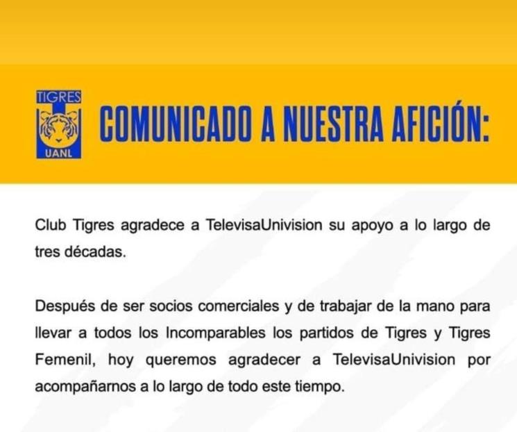 Confirma Tigres final de su alianza con Televisa 