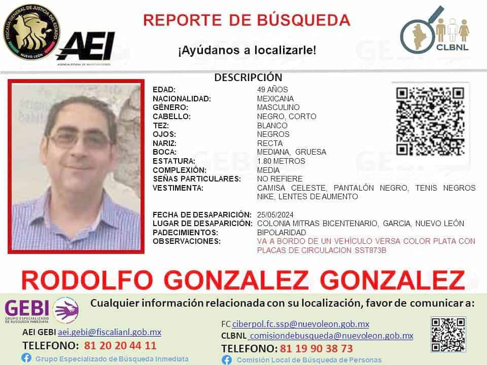 El Grupo Especializado de Búsqueda Inmediata emitió un reporte para la localización de un físico de la UANL.