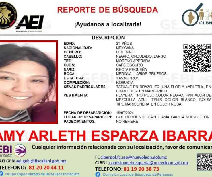 Reportan desaparición de una joven en García Reportan desaparición de una joven en García