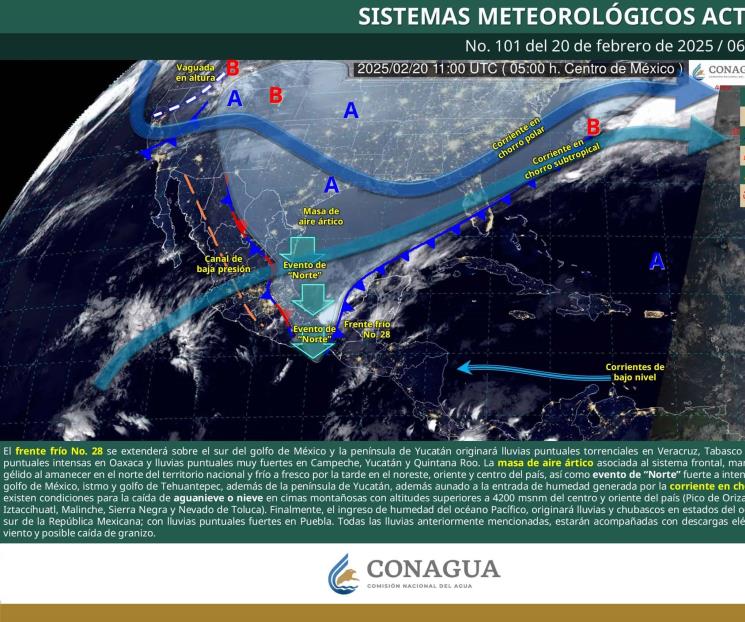 Frente frío 28 impacta México; se esperan lluvias torrenciales