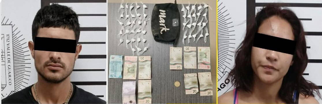 Una pareja fue detenida por elementos de la Secretaría de Seguridad Pública y Vialidad de Santiago, luego de que se les encontró en posesión de sustancias con características de narcóticos.