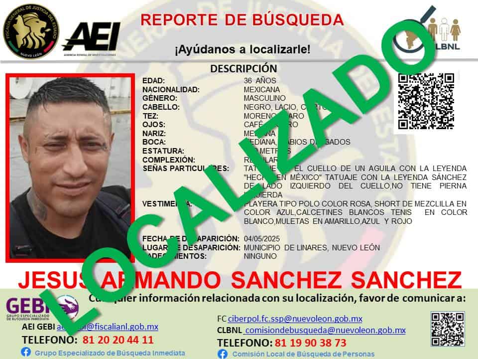 Elementos de la Agencia Estatal de Investigaciones, lograron ubicar con vida a un joven que sufre una discapacidad física, luego de desaparecer por más de una semana en el municipio de Linares.