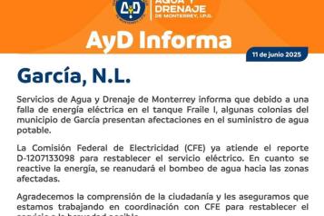 Se quedan sin agua 65 colonias de García por falla eléctrica