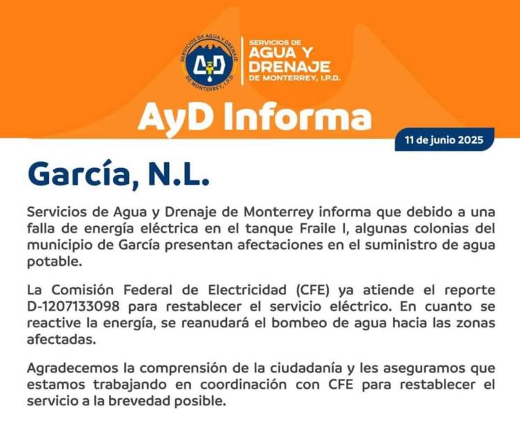 Se quedan sin agua 65 colonias de García por falla eléctrica Se quedan sin agua 65 colonias de García por falla eléctrica