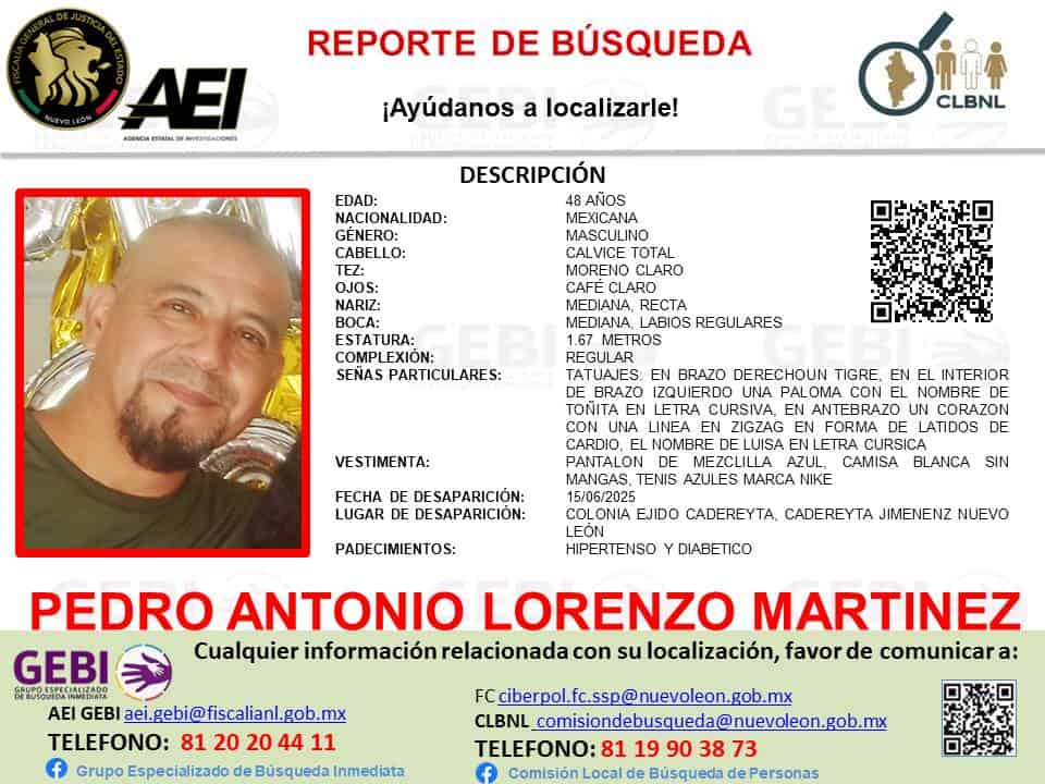 La Fiscalía General de Justicia del Estado de Nuevo León, informó que este jueves, fue localizada la camioneta en la que viajaba el enfermero Pedro Antonio Lorenzo Martínez, quien fue reportado como desaparecido tras salir de Cadereyta rumbo a Reynosa.