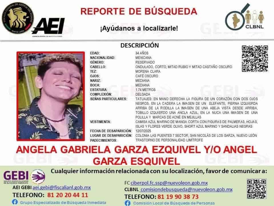 La Fiscalía General de Justicia de Nuevo León, emito una ficha de búsqueda, para intentar ubicar a un joven transexual, que desapareció, después de asistir a un festival en el Parque Fundidora en el municipio de Monterrey.
