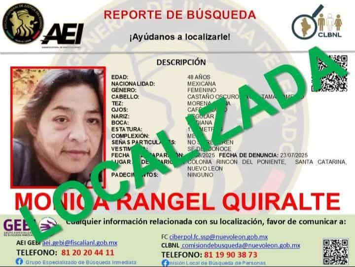 Una mujer reportada como desaparecida el martes pasado en Santa Catarina, de donde se la llevaron varias personas, fue encontrada en un domicilio de la Colonia Progreso, en Monterrey, tras un cateo realizado por la Fiscalía General de Justicia de Nuevo León.