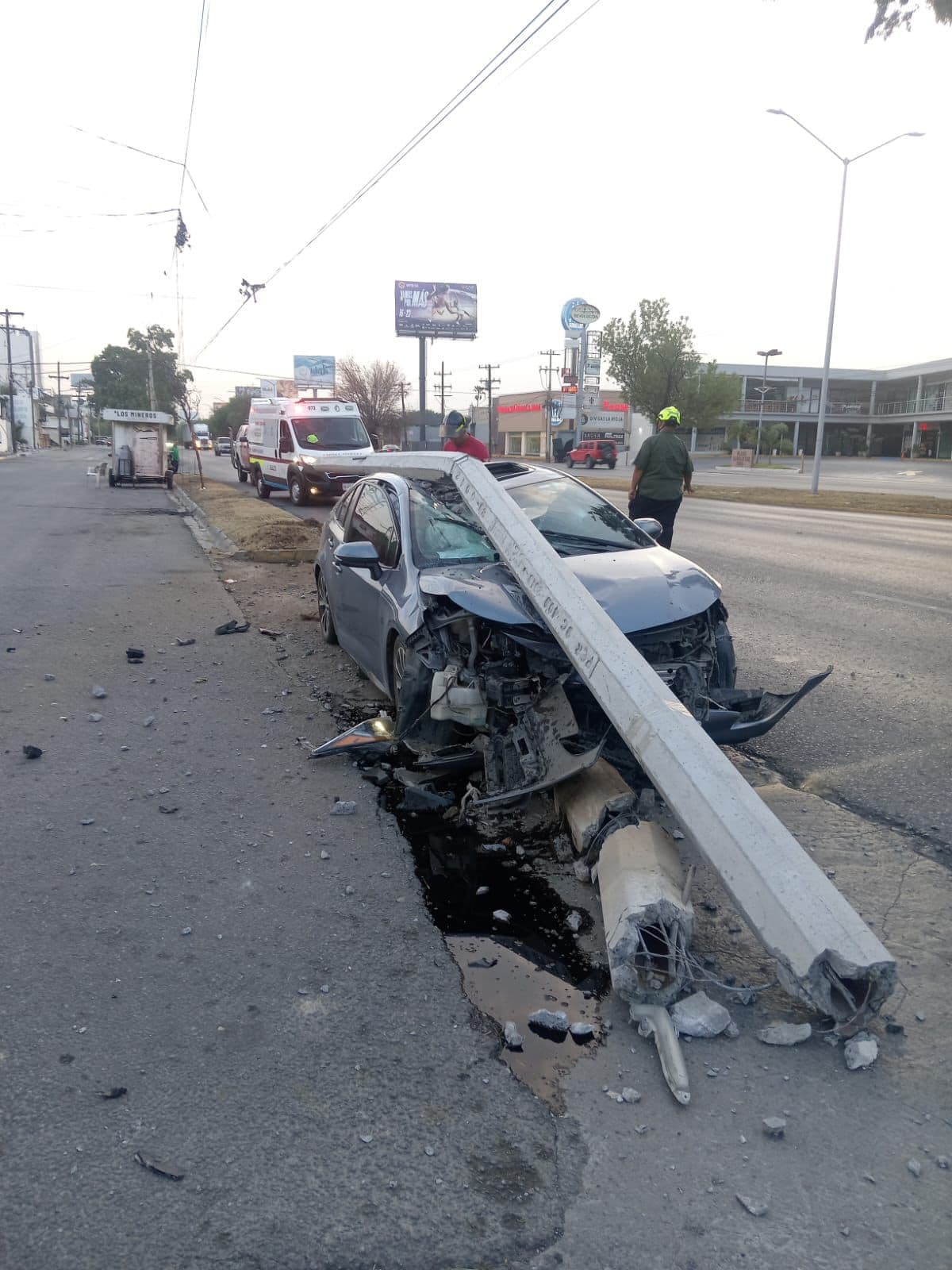 Después de estrellar su auto contra un poste de concreto, el cual derribó, un conductor se retiró del lugar junto con su acompañante, ayer al sur de Monterrey.
