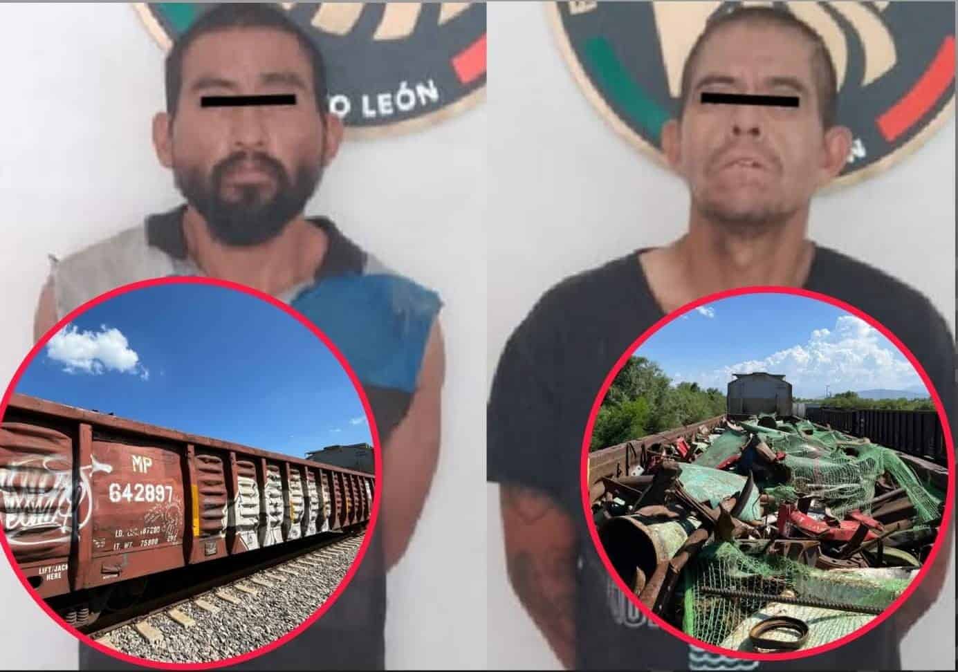 Dos hombres que presuntamente robaron mercancía de un tren, fueron arrestados por elementos de la Secretaría de Seguridad y Vialidad de Salinas Victoria.