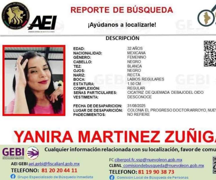 Buscan a desaparecida en Doctor Arroyo