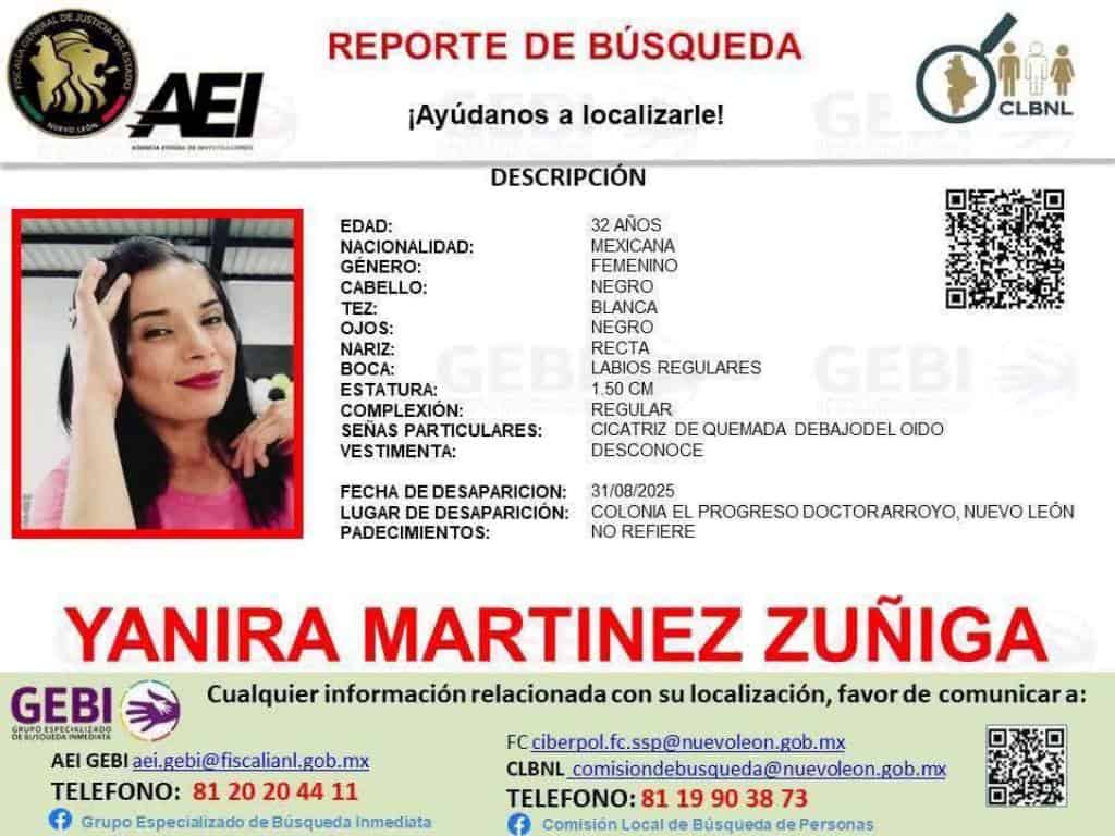 La Fiscalía General de Justicia del Estado, implemento un operativo, para intentar ubicar a una mujer, que desapareció al salir de su vivienda, en el municipio de Doctor Arroyo.