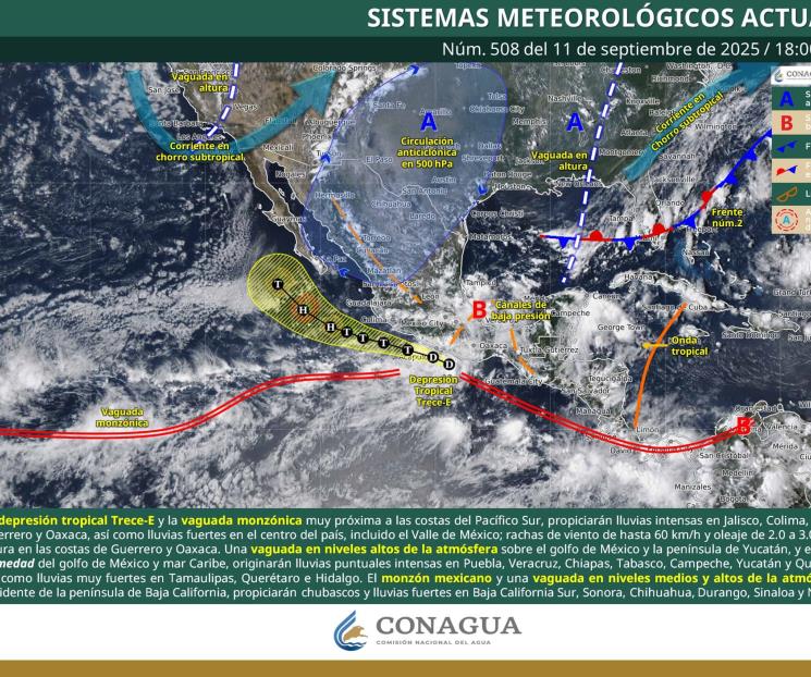 Depresión tropical 13-E provoca alerta por intensas lluvias