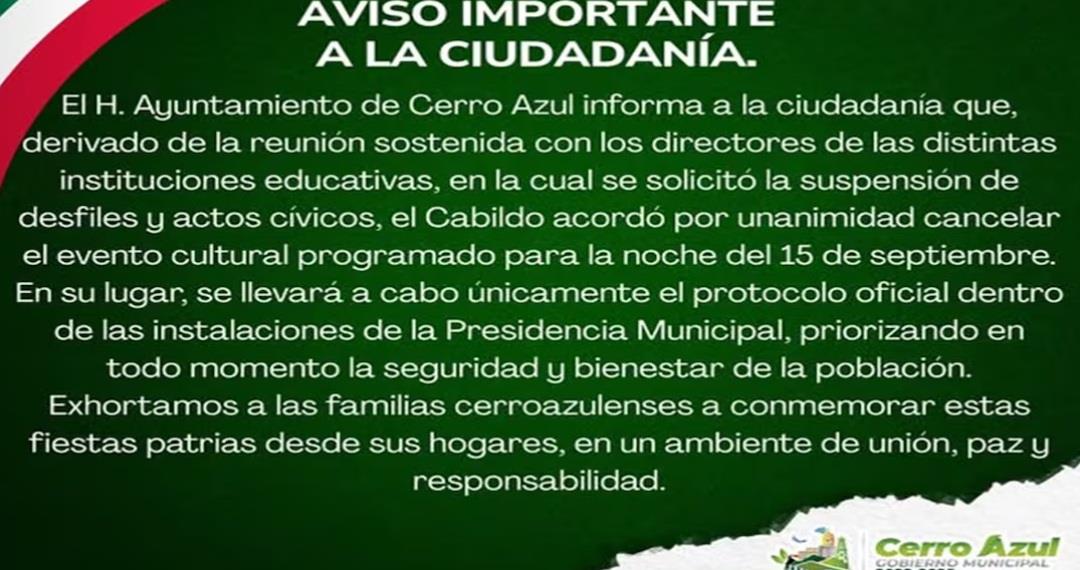 Ahora en Veracruz, cancelan Grito de Independencia en 4 municipios