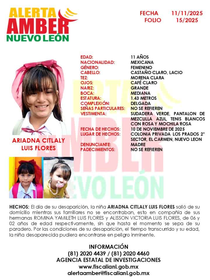 La Fiscalía General de Justicia del Estado, logró ubicar a tres hermanitas de entre 11 y 2 años de edad, quienes estaban reportados como desaparecidas en el municipio del Carmen, Nuevo León.