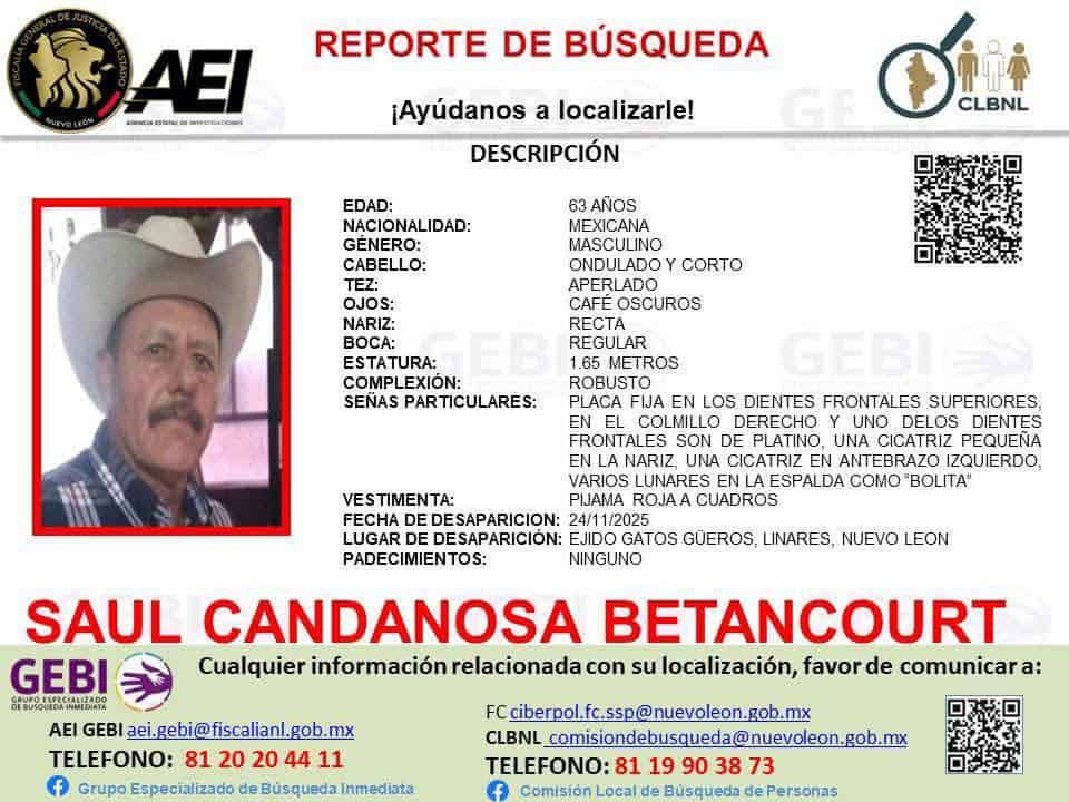 Elementos de la Agencia Estatal de Investigaciones, buscan a un ejidatario originario del municipio de Linares, quien despareció al salir de su domicilio.