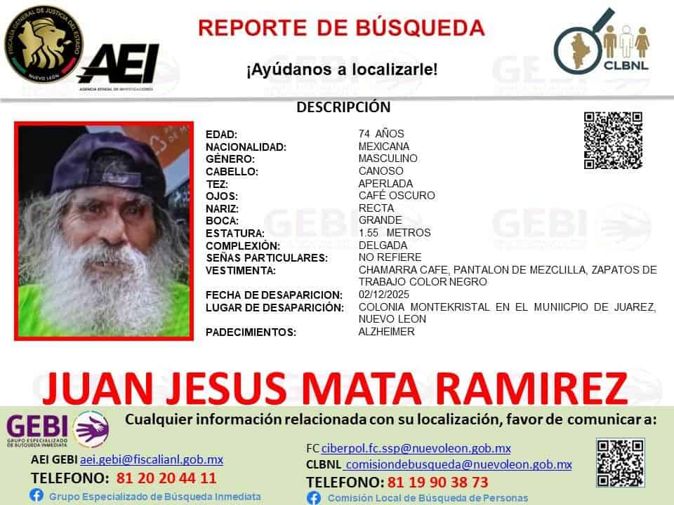 Elementos de Protección Civil del municipio de Juárez, implementaron un operativo de búsqueda, para intentar ubicar a un hombre de la tercera edad, quien se encuentra en calidad de desaparecido desde el pasado martes que salió de su casa en la colonia Monte Kristal en dicha localidad.