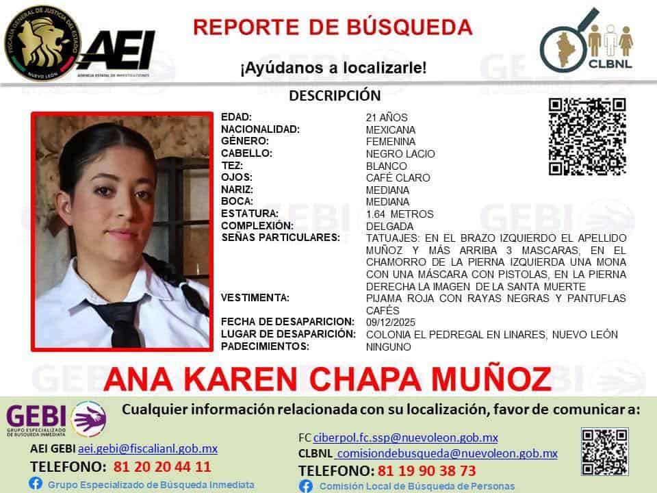 La Fiscal&iacute;a General de Justicia del Estado, se encuentra en alerta por la desaparici&oacute;n de una jovencita de 20 a&ntilde;os, en el municipio de Linares, que no ha regresado a su vivienda.