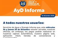 Permanecer&aacute;n cerradas oficinas de AyD el 24 y 25 de diciembre