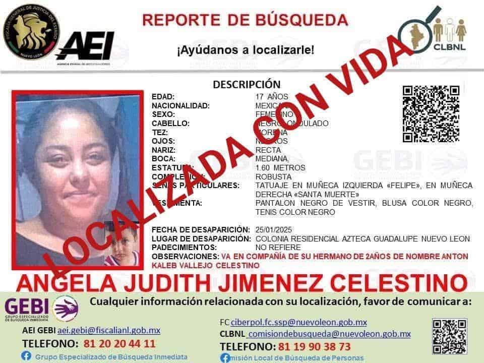 La Fiscal&iacute;a General de Justicia del Estado, inform&oacute; que fue localizada con vida, en el municipio de Cadereyta, una jovencita que permaneci&oacute; 12 meses en calidad de desaparecida.