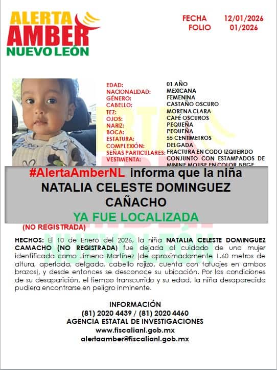 Luego de reportar la desaparici&oacute;n de su beb&eacute; el s&aacute;bado, y activarse la alerta Amber, una menor de un a&ntilde;o de edad fue encontrada en un domicilio del municipio de Ju&aacute;rez.