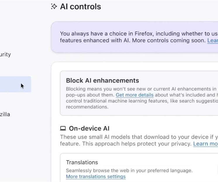 Mozilla anuncia interruptor para desactivar funciones IA en Firefox