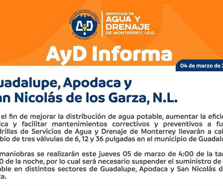 Cortar&aacute;n agua en 200 colonias de Guadalupe, Apodaca y SN