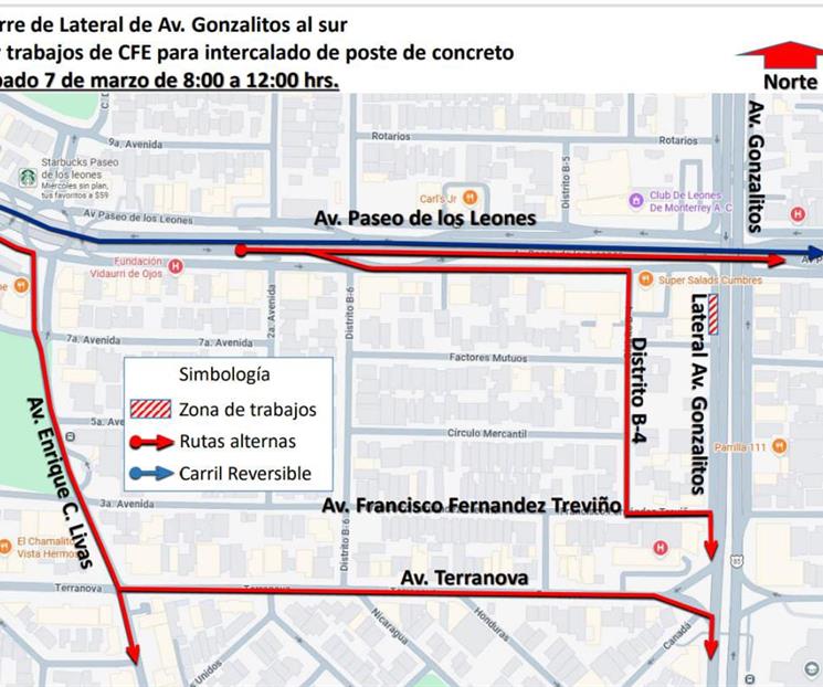Habr&aacute; restricciones viales hoy en Gonzalitos por trabajos de la CFE