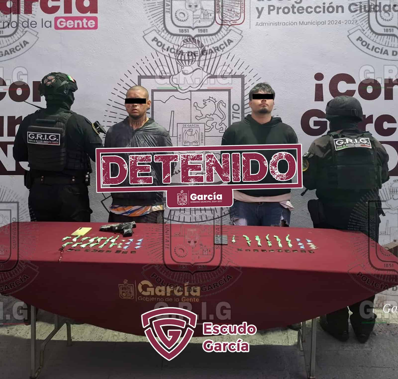 Elementos de la Secretar&iacute;a de Seguridad y Protecci&oacute;n Ciudadana de Garc&iacute;a, lograron la detenci&oacute;n de dos delincuentes, que son investigados por presuntos robos con violencia a transe&uacute;ntes, negocios y farmacias del municipio.