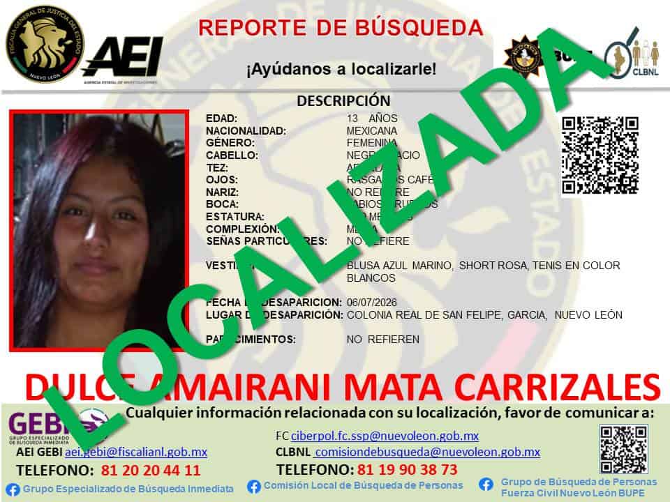 Una menor reportada como desaparecida en Garc&iacute;a, fue ubicada por las autoridades en ese mismo municipio.