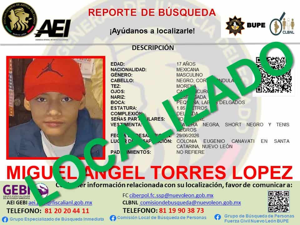 Dos menores que hab&iacute;an sido reportados como desparecidos a finales de junio, fueron localizados por la Fiscal&iacute;a General de Justicia, en el municipio de Santa Catarina.
