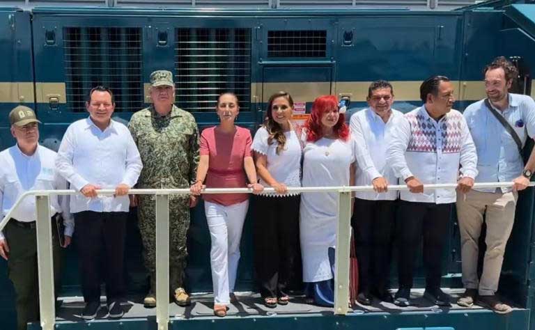 Supervisa Claudia Sheinbaum locomotoras del Tren Maya de carga Supervisa Claudia Sheinbaum locomotoras del Tren Maya de carga
